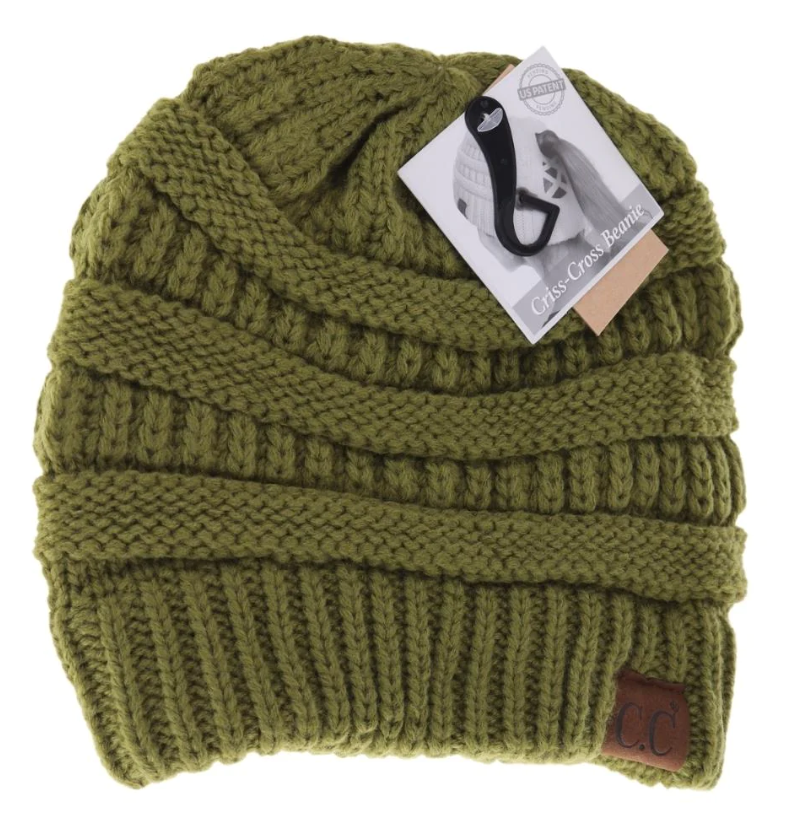 Ribbed Knit Beanie Criss-Cross Ponytail