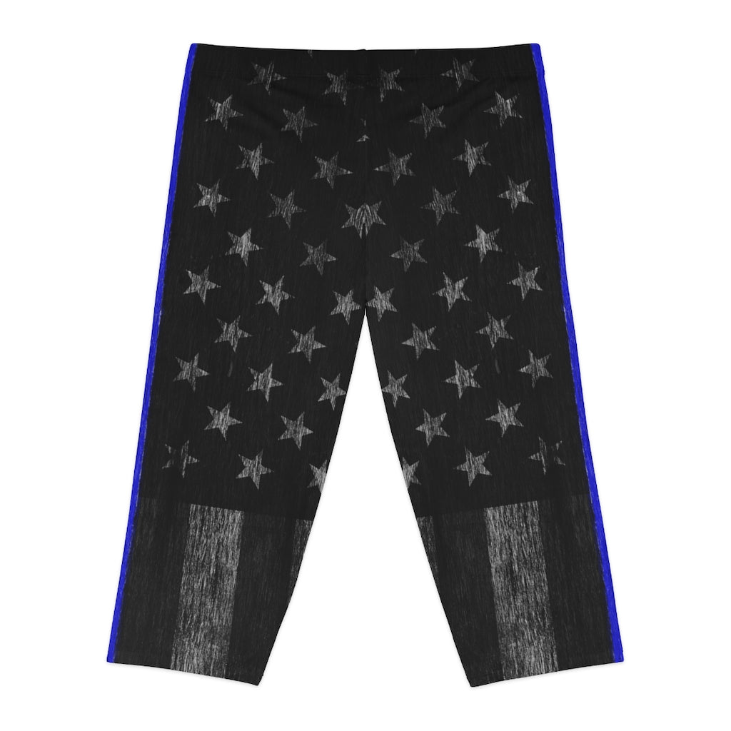 Thin Blue Line Distressed Flag Women's Capri Leggings