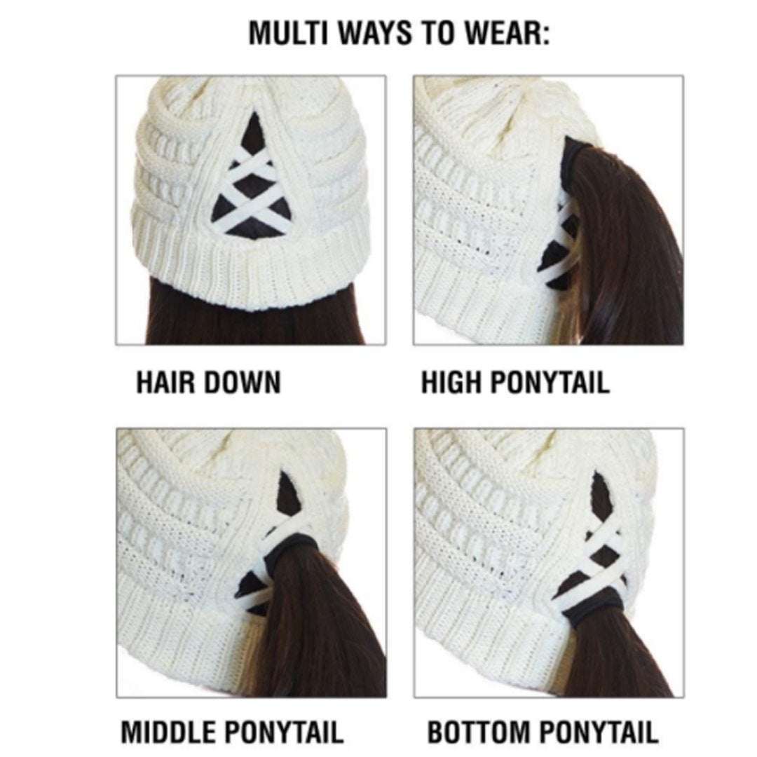J🐾P Ribbed Knit Beanie Criss-Cross Ponytail