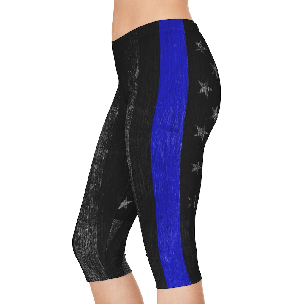 Thin Blue Line Distressed Flag Women's Capri Leggings