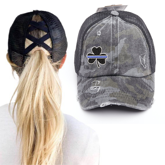 Thin Blue Line Clover Washed Denim Criss Cross High Pony Ball Cap