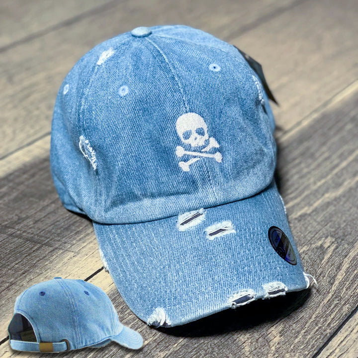 Skull Distressed Baseball Hat Adjustable Metal Closure-Light Denim