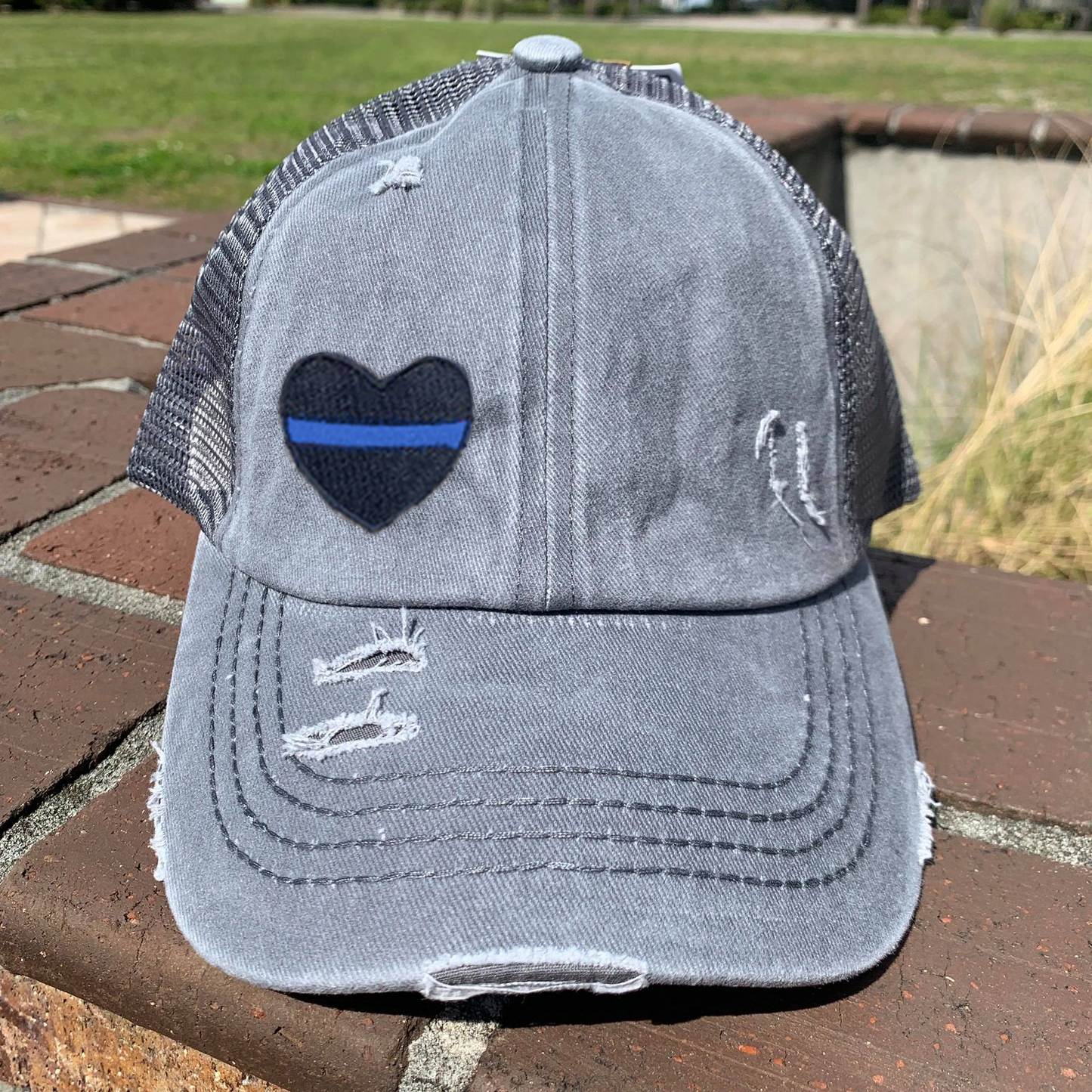 Thin Blue Line Heart Washed Denim Criss Cross High Pony Ball Cap