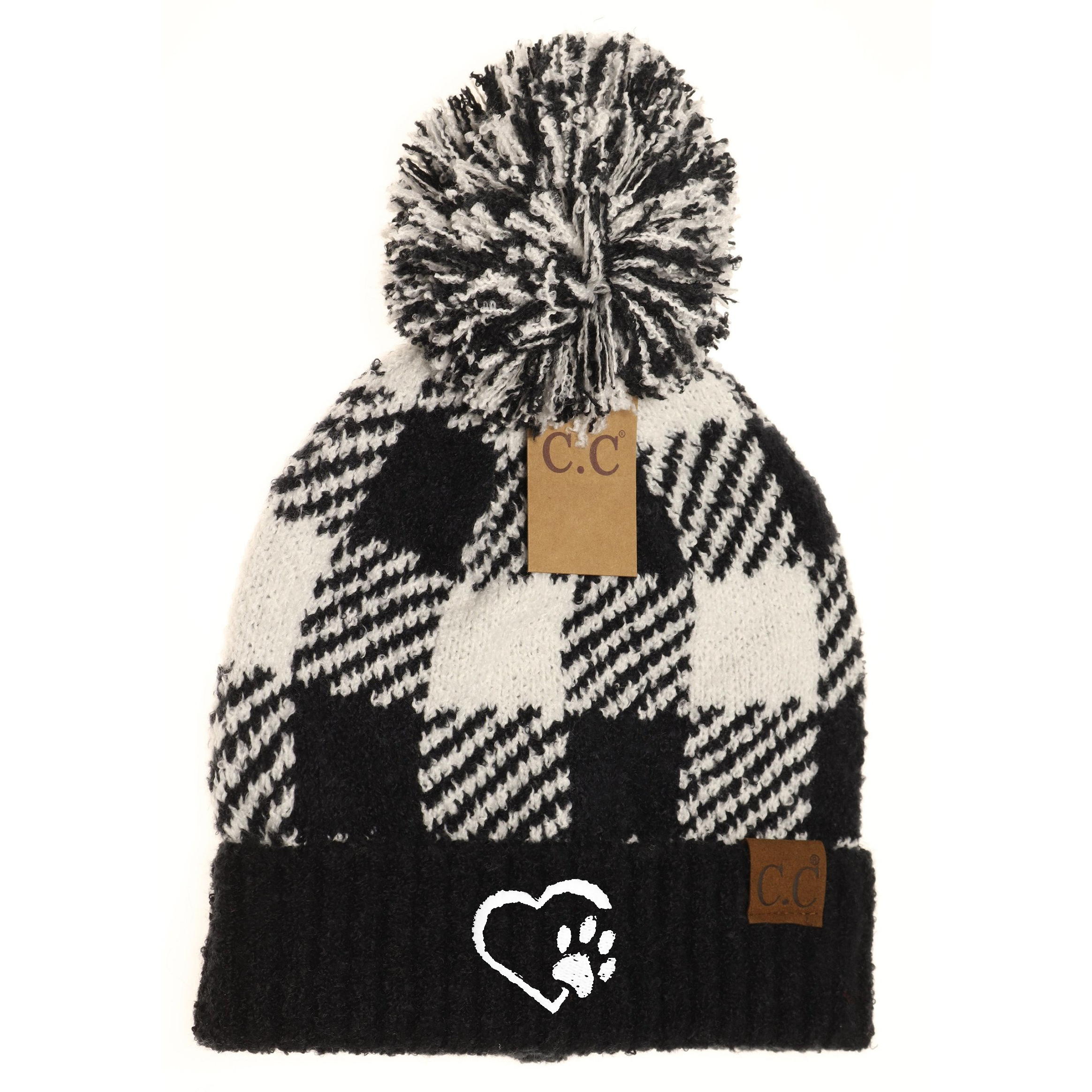 Heart Paw Buffalo Print Jacquard Knit Pom Beanie