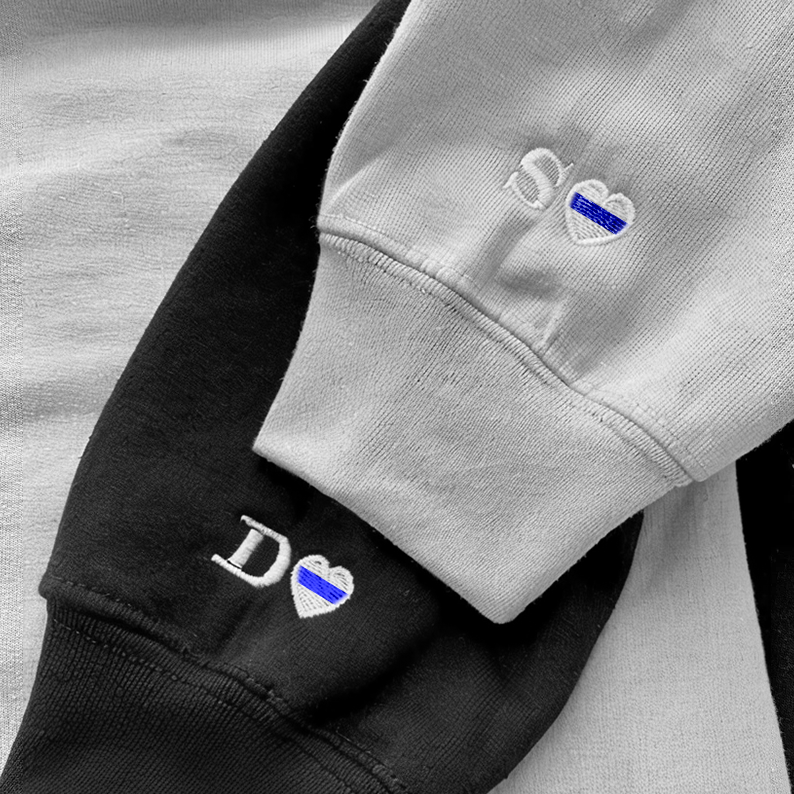 Custom Embroidered Initial Thin Blue Line Heart Unisex Couple's Crewneck Sweatshirt