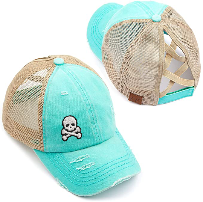 Skull & Crossbones Outline Criss Cross High Ponytail Hat