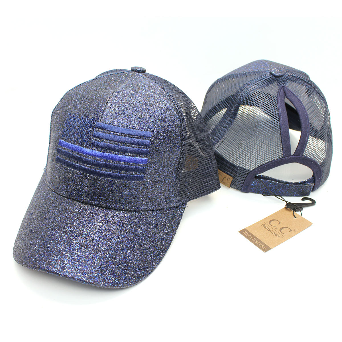 Thin Blue Line American Flag Women's Ponytail Mesh Glitter Hat