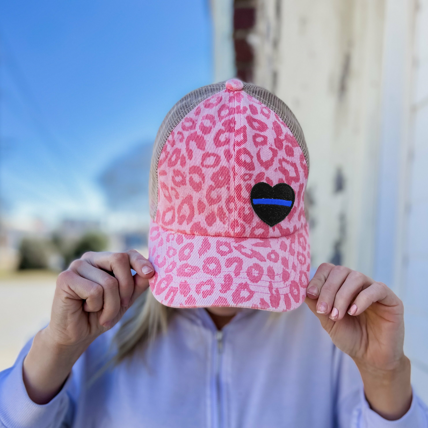 Thin Blue Line Heart Leopard Criss Cross Ponytail Hat