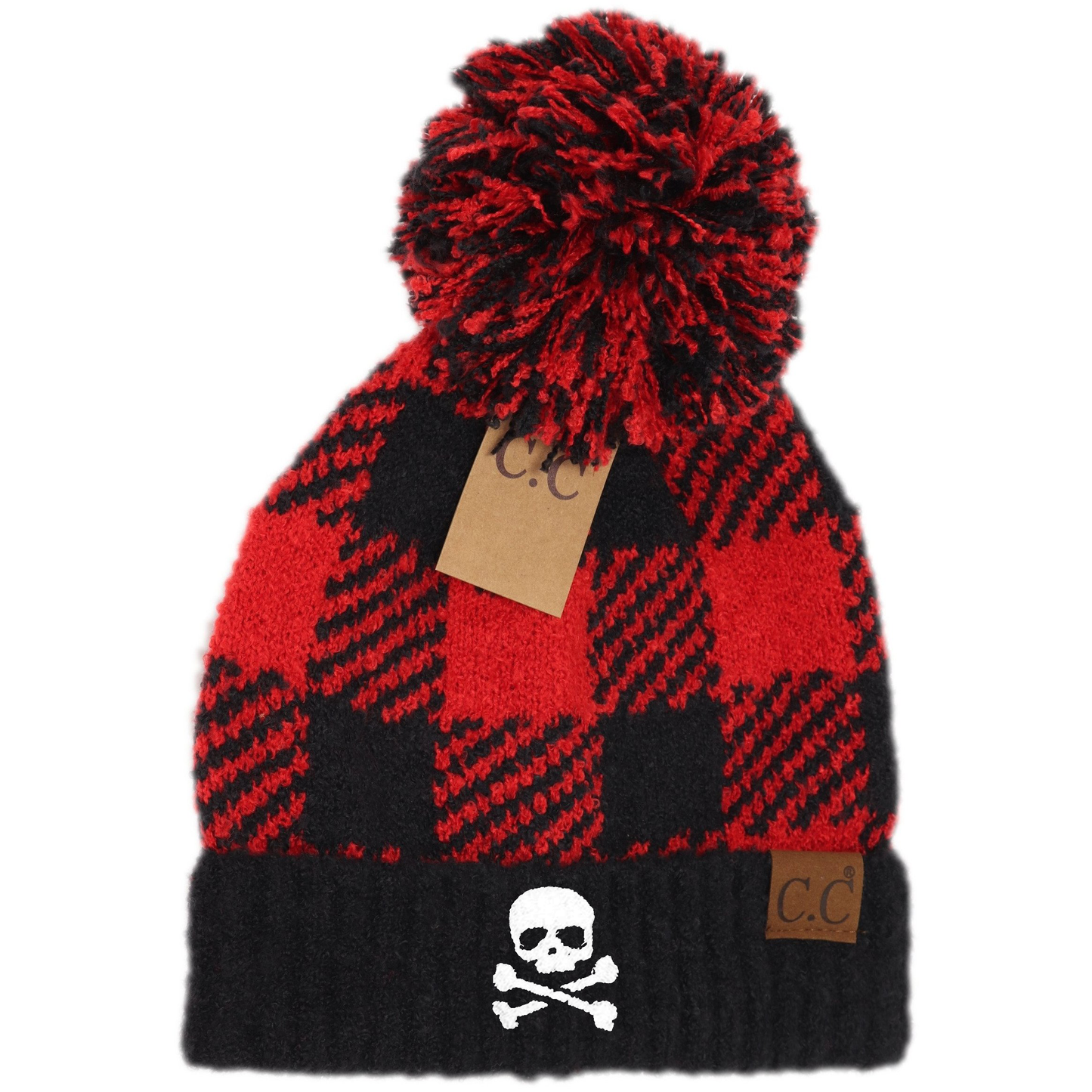 Skull & Crossbones Buffalo Print Jacquard Knit Pom Beanie