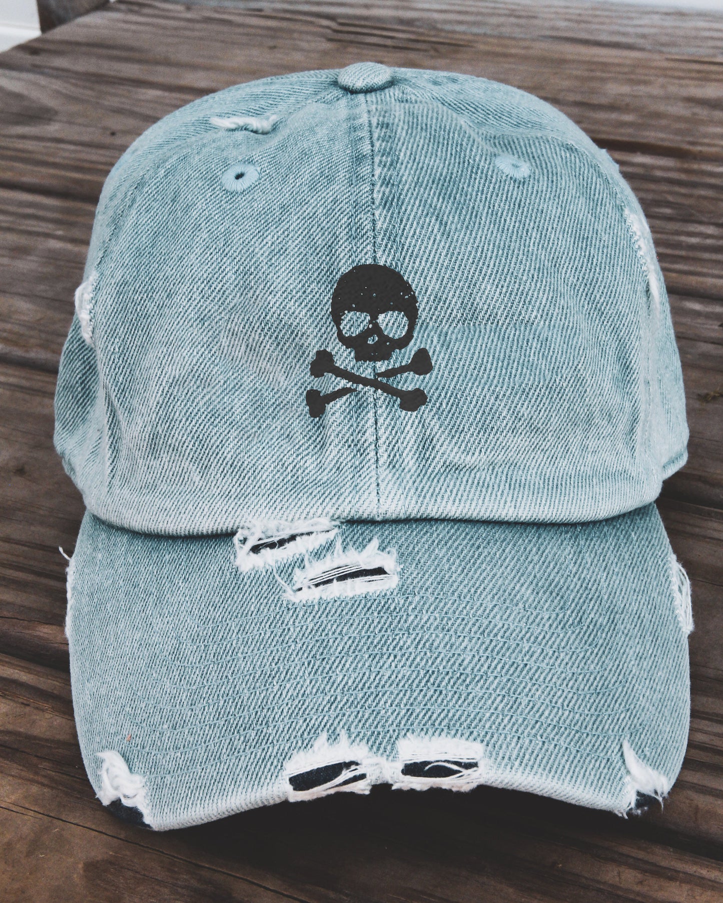 Skull Distressed Baseball Hat Adjustable Metal Closure-Light Denim