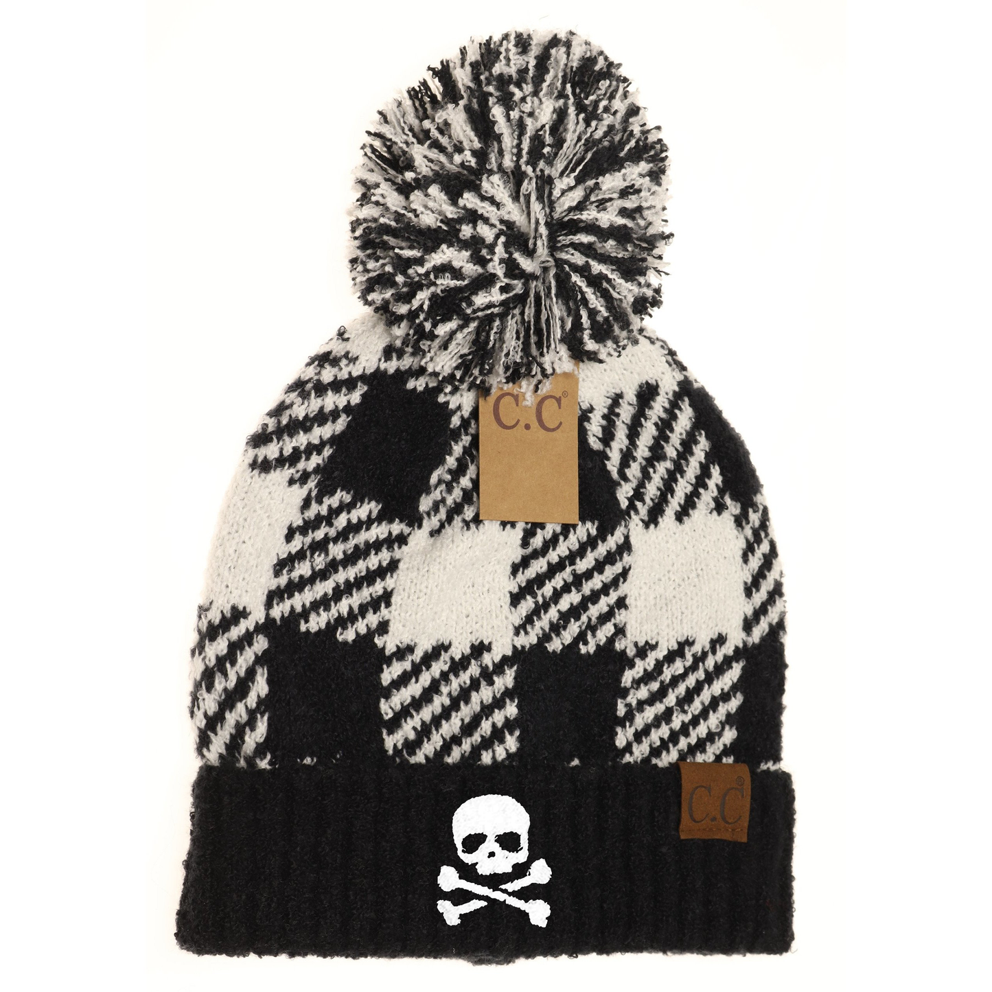 Skull & Crossbones Buffalo Print Jacquard Knit Pom Beanie
