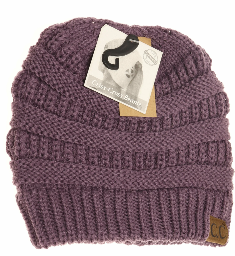 Ribbed Knit Beanie Criss-Cross Ponytail