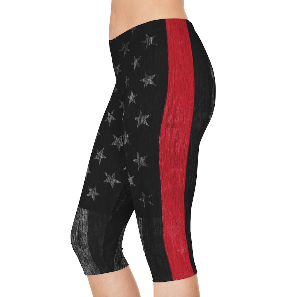 Thin Red Line Distressed Flag Women's Capri Leggings