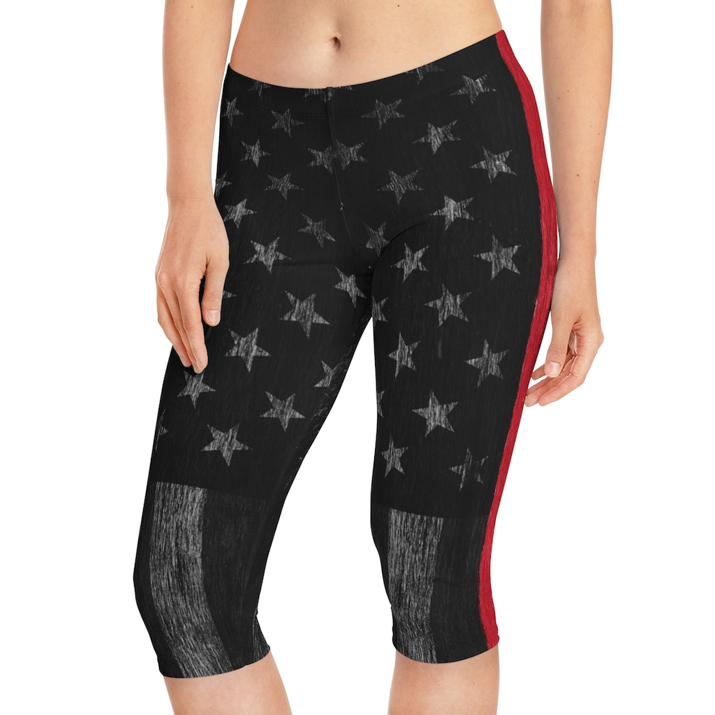 Thin Red Line Distressed Flag Women's Capri Leggings