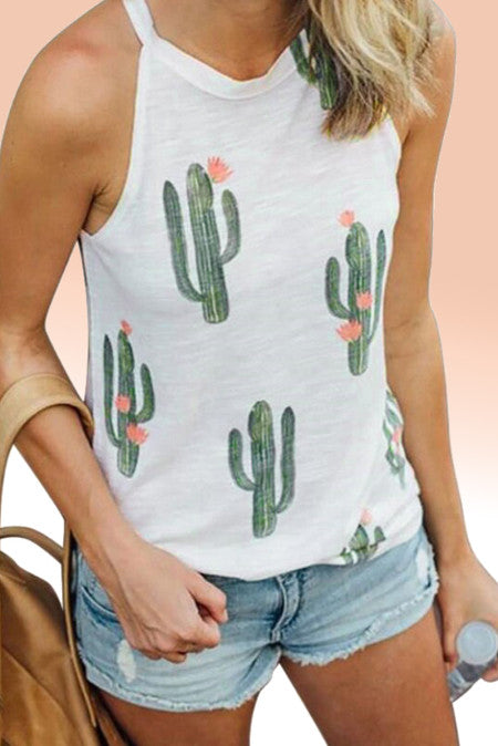 White Crew Neck Cactus Print Tank Top