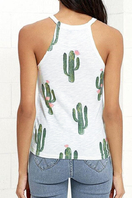 White Crew Neck Cactus Print Tank Top