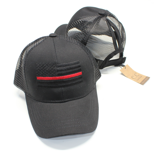 Ponytail Thin Red Line Black American Flag Hat