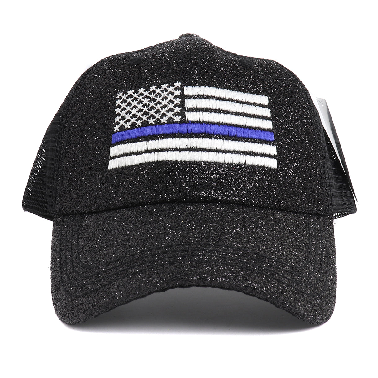 Thin Blue Line American White Flag Women's Ponytail Mesh Glitter Hat