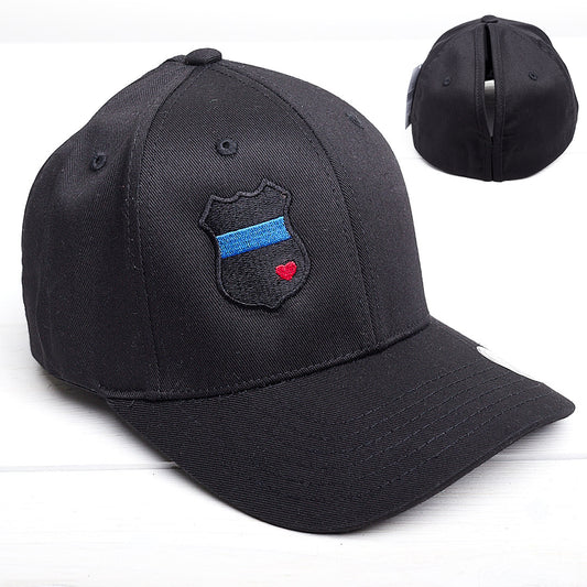 Thin Blue Line Badge Heart Ponytail Stretch Cotton Spandex Headband Hat