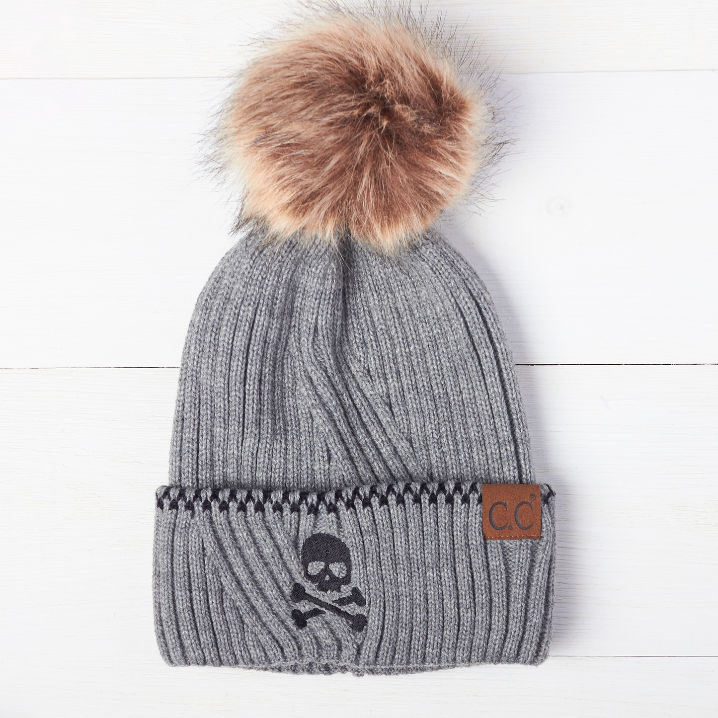 Skull & Crossbones Ribbed Knit Beanie With Accented Cuff
