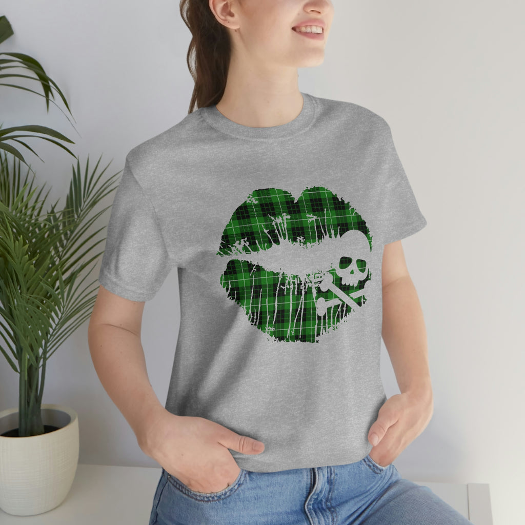 Skull & Crossbones Lips Green Plaid Unisex Jersey Short Sleeve Tee