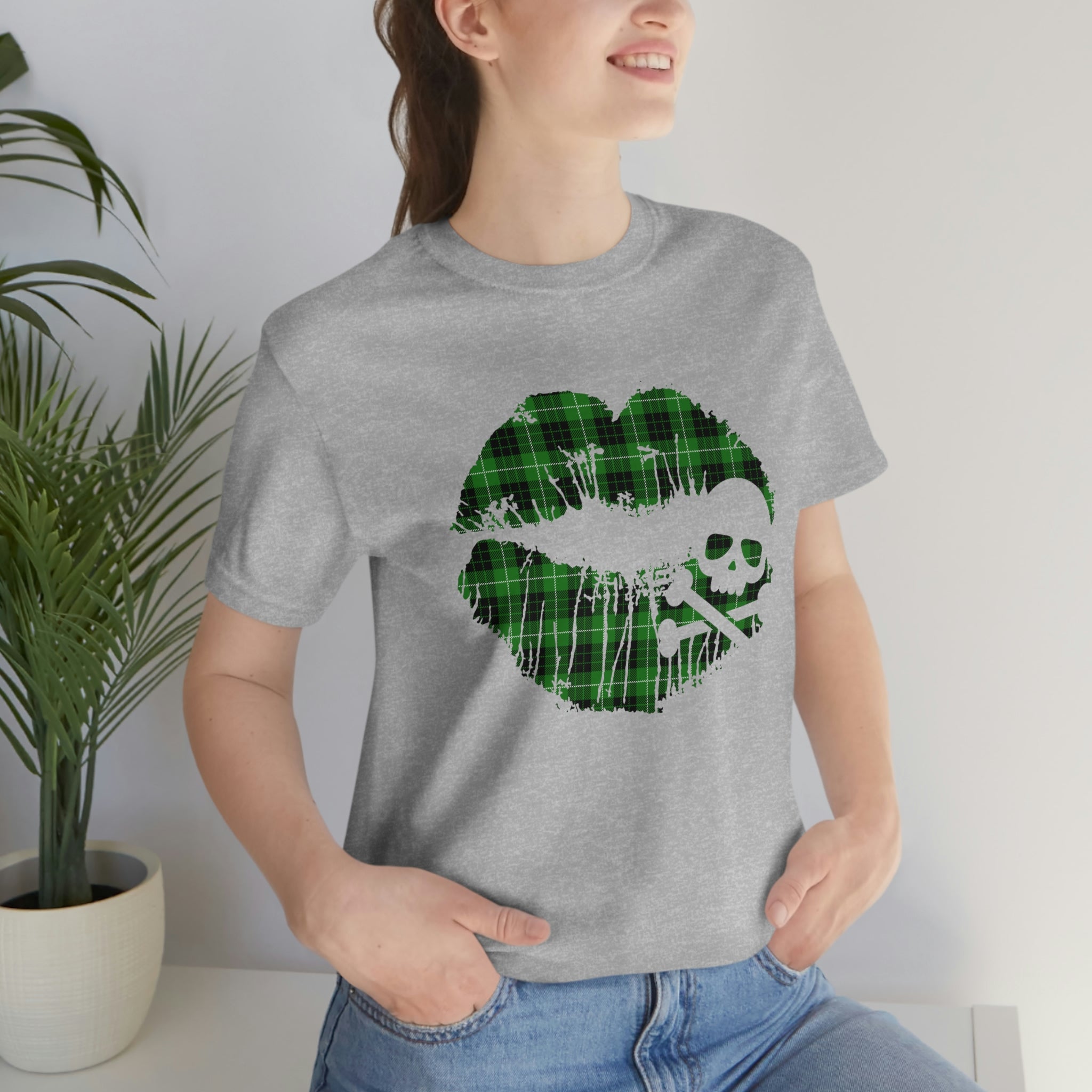 Skull & Crossbones Lips Green Plaid Unisex Jersey Short Sleeve Tee