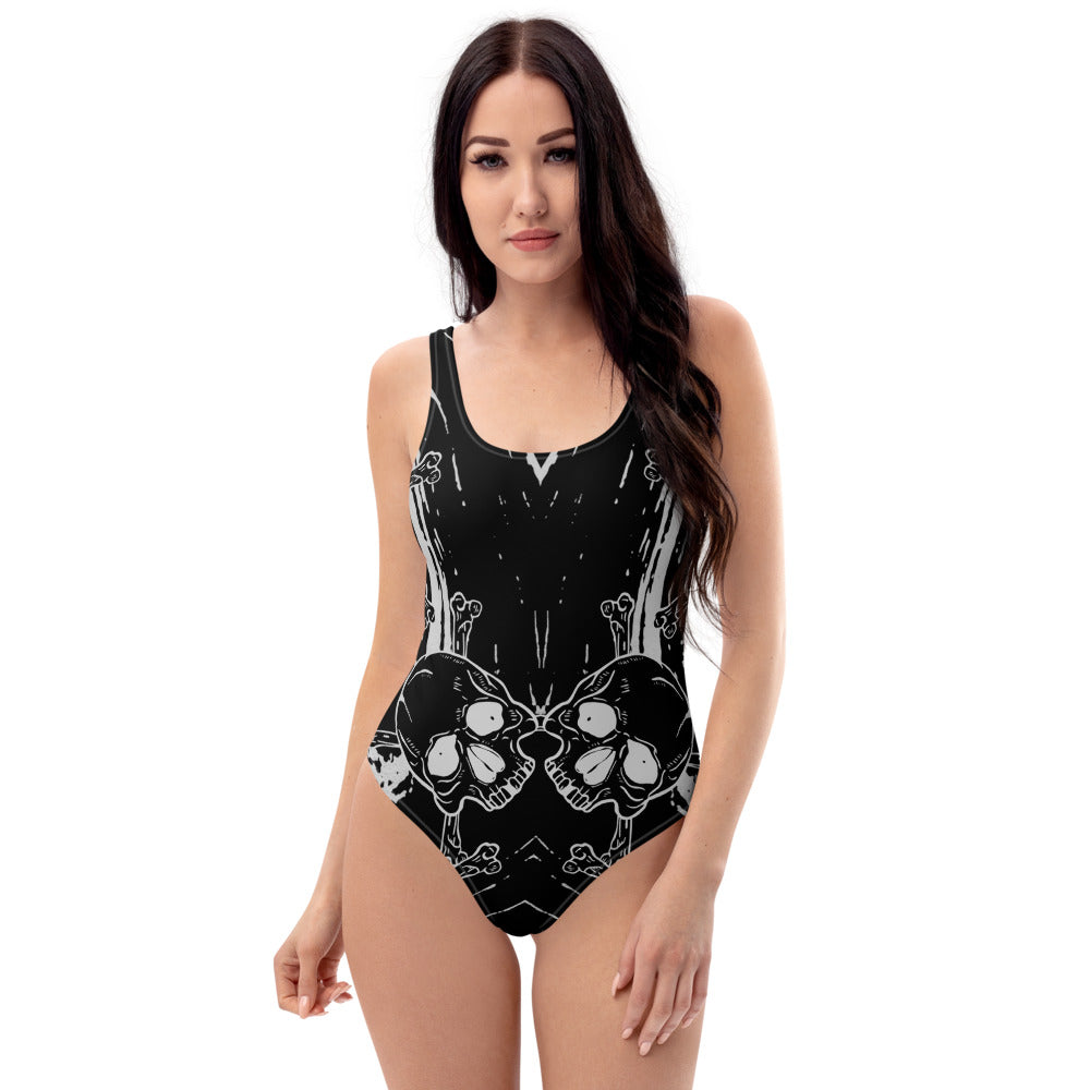 Skull & Crossbones Black Swirl One-Piece Swimsuit