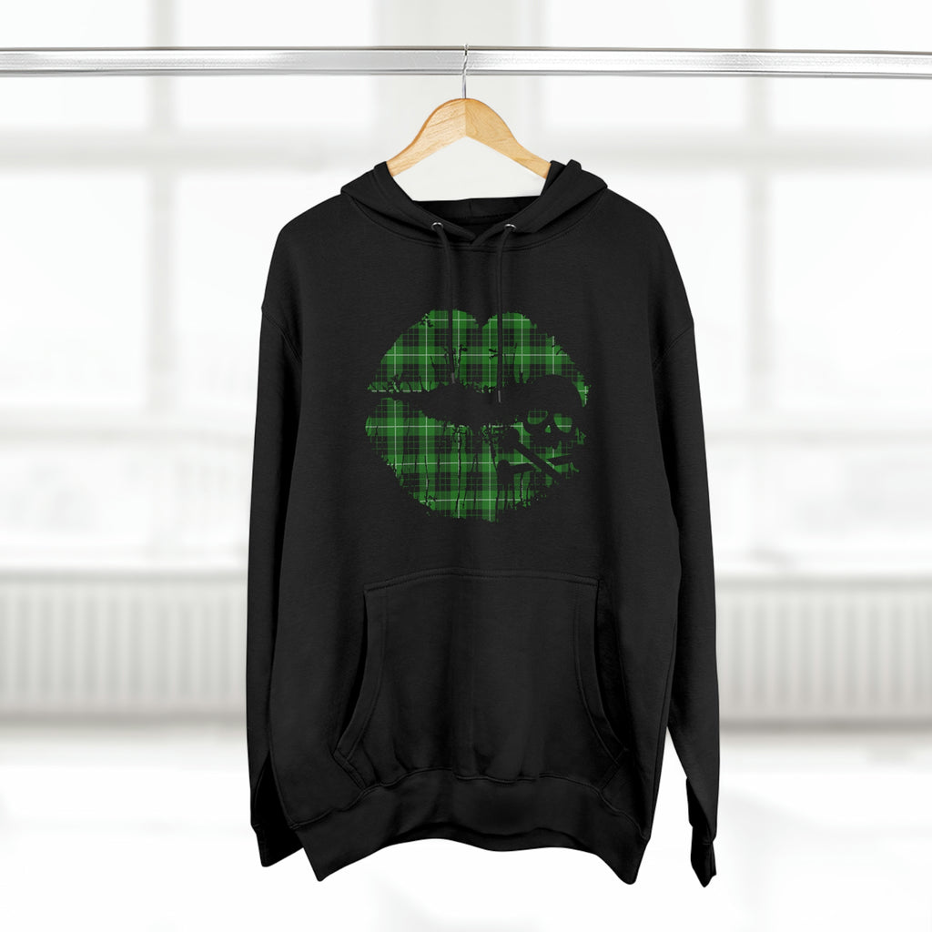 Skull & Crossbones Lips Green Plaid Unisex Premium Pullover Hoodie