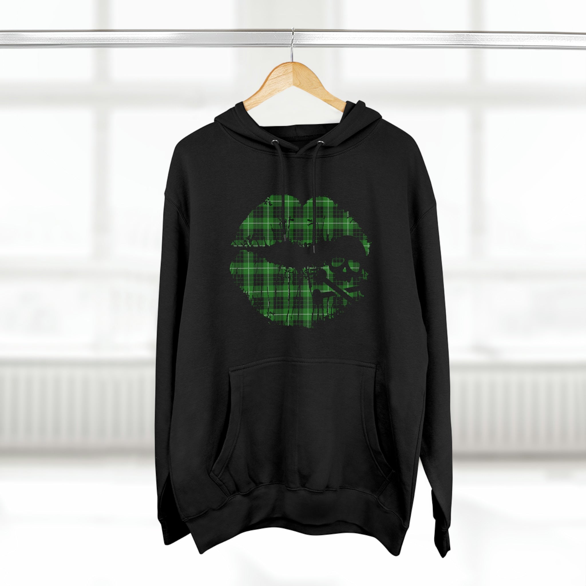 Skull & Crossbones Lips Green Plaid Unisex Premium Pullover Hoodie