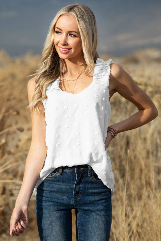 Swiss Dot Woven Sleeveless Top With Ruffled Straps