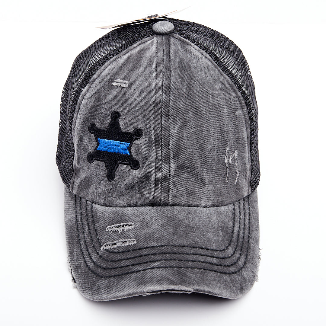 Thin Blue Line Star Badge Criss Cross High Ponytail Hat