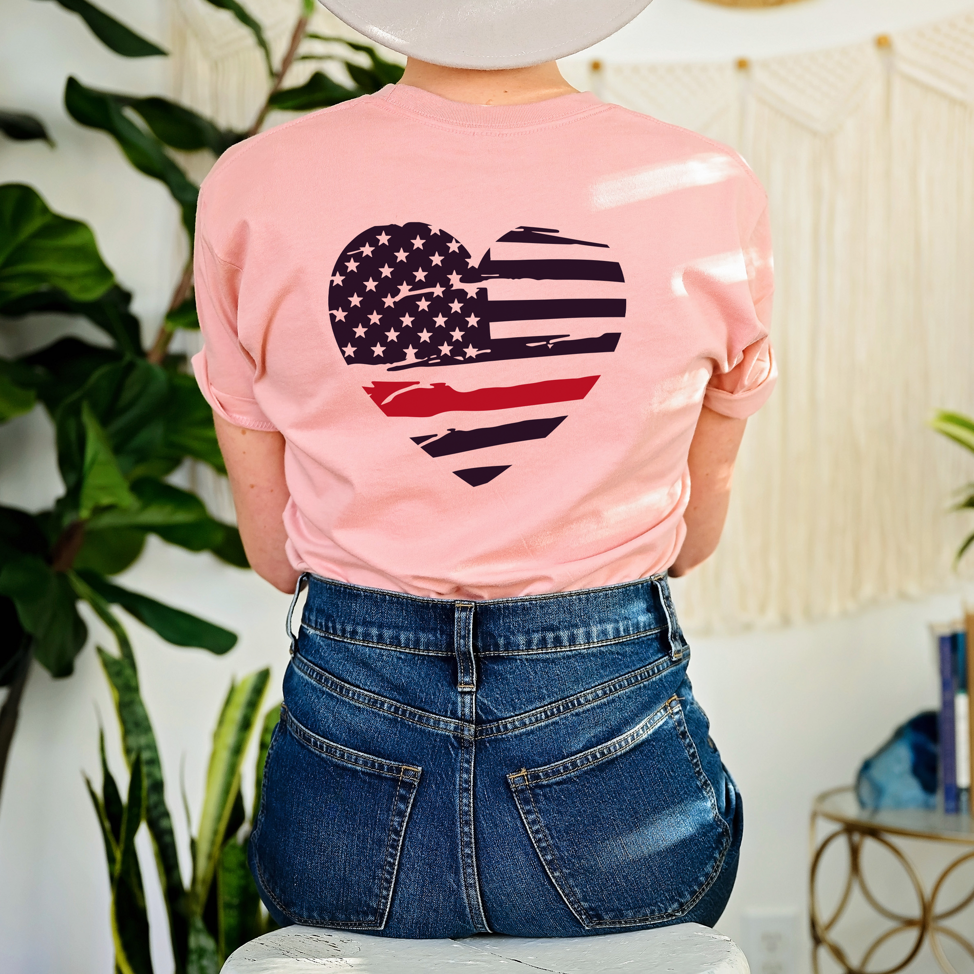 Thin Red Line Distressed Heart (Front & Back)