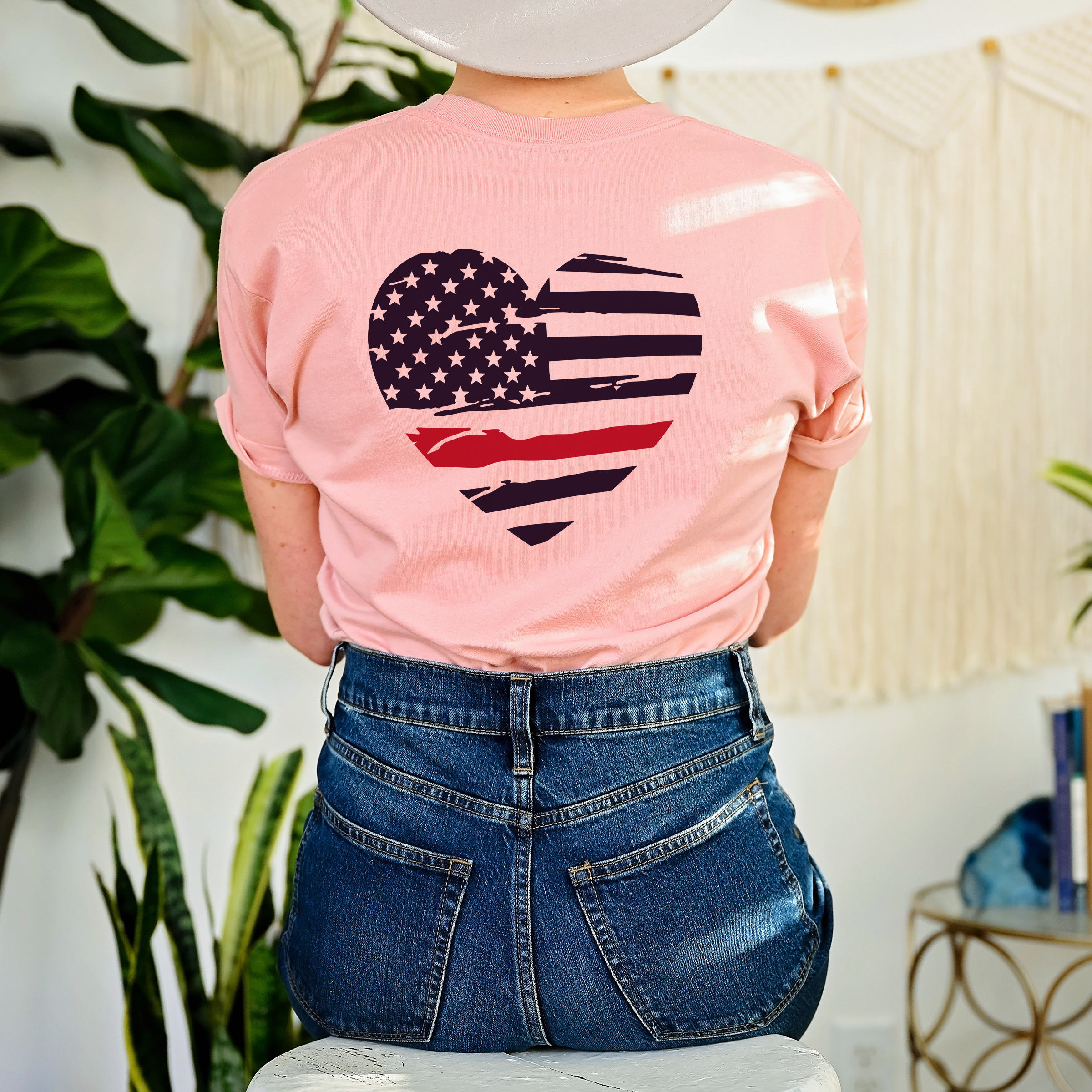 Thin Red Line Distressed Heart (Front & Back)