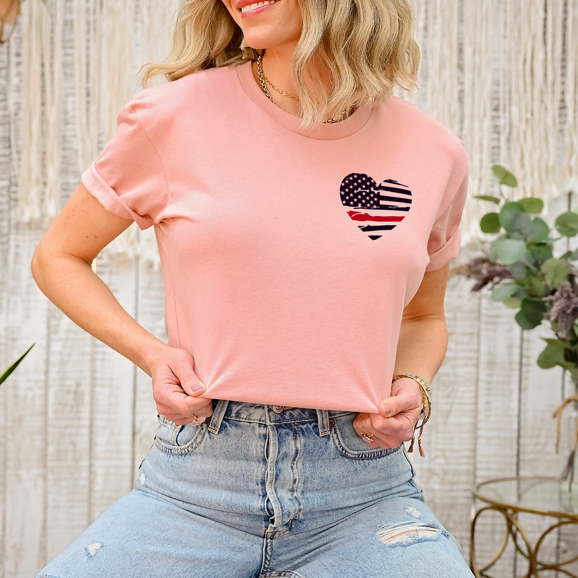 Thin Red Line Distressed Heart (Front & Back)