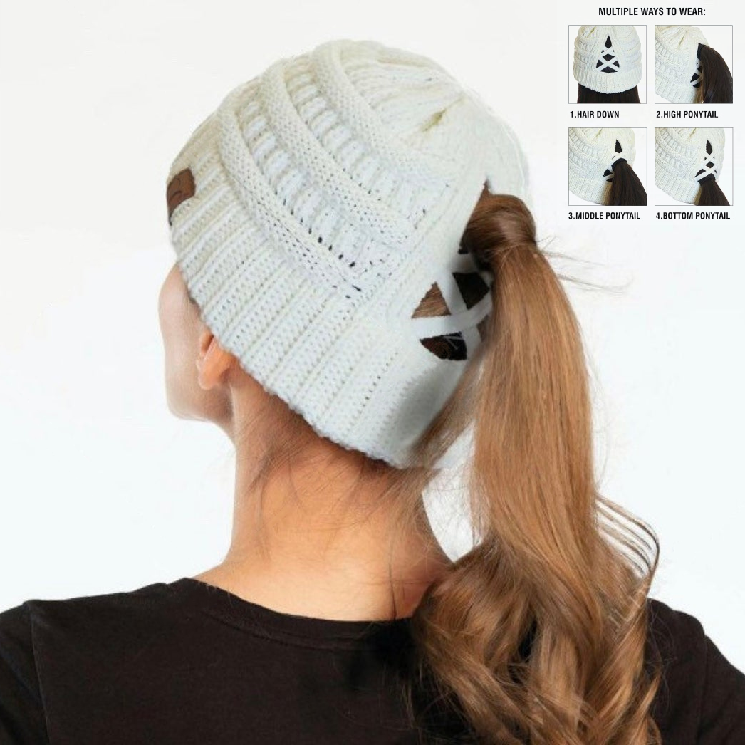 Ribbed Knit Beanie Criss-Cross Ponytail