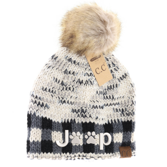 J🐾p Buffalo Check Mixed Print Fur Pom