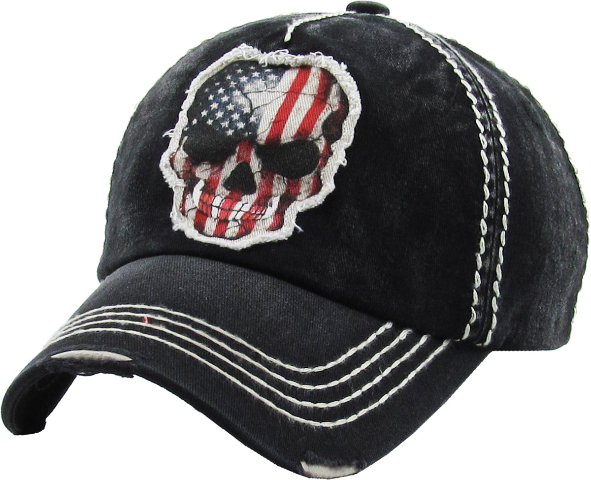 Distressed American Flag Skull Cap – Vintage Patriotic Baseball Hat for Men & Women