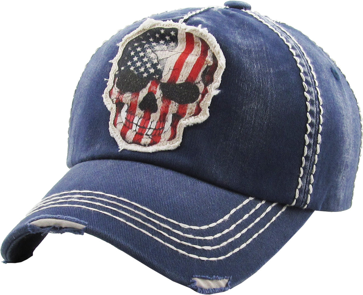 Distressed American Flag Skull Cap – Vintage Patriotic Baseball Hat for Men & Women