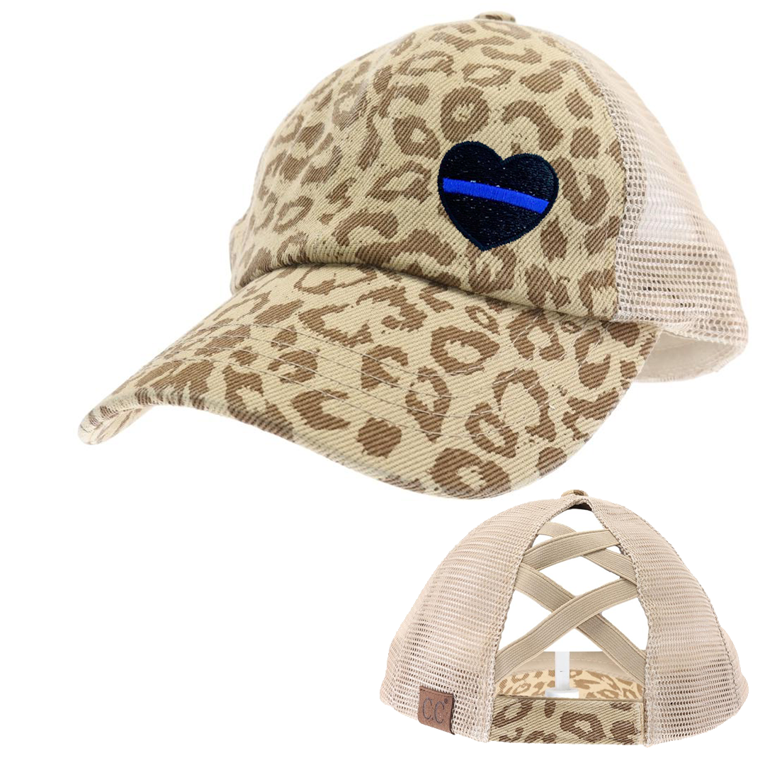 Thin Blue Line Heart Leopard Criss Cross Ponytail Hat
