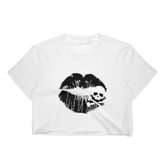 Skull & Crossbones Lips Short Sleeve Cropped T-Shirt w/ Tear Away Label