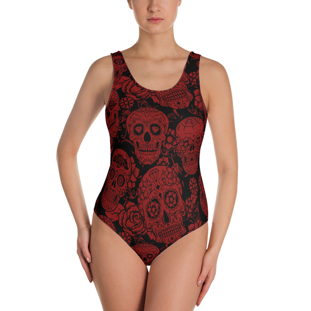 Red Sugar Skull One-Piece Swimsuit