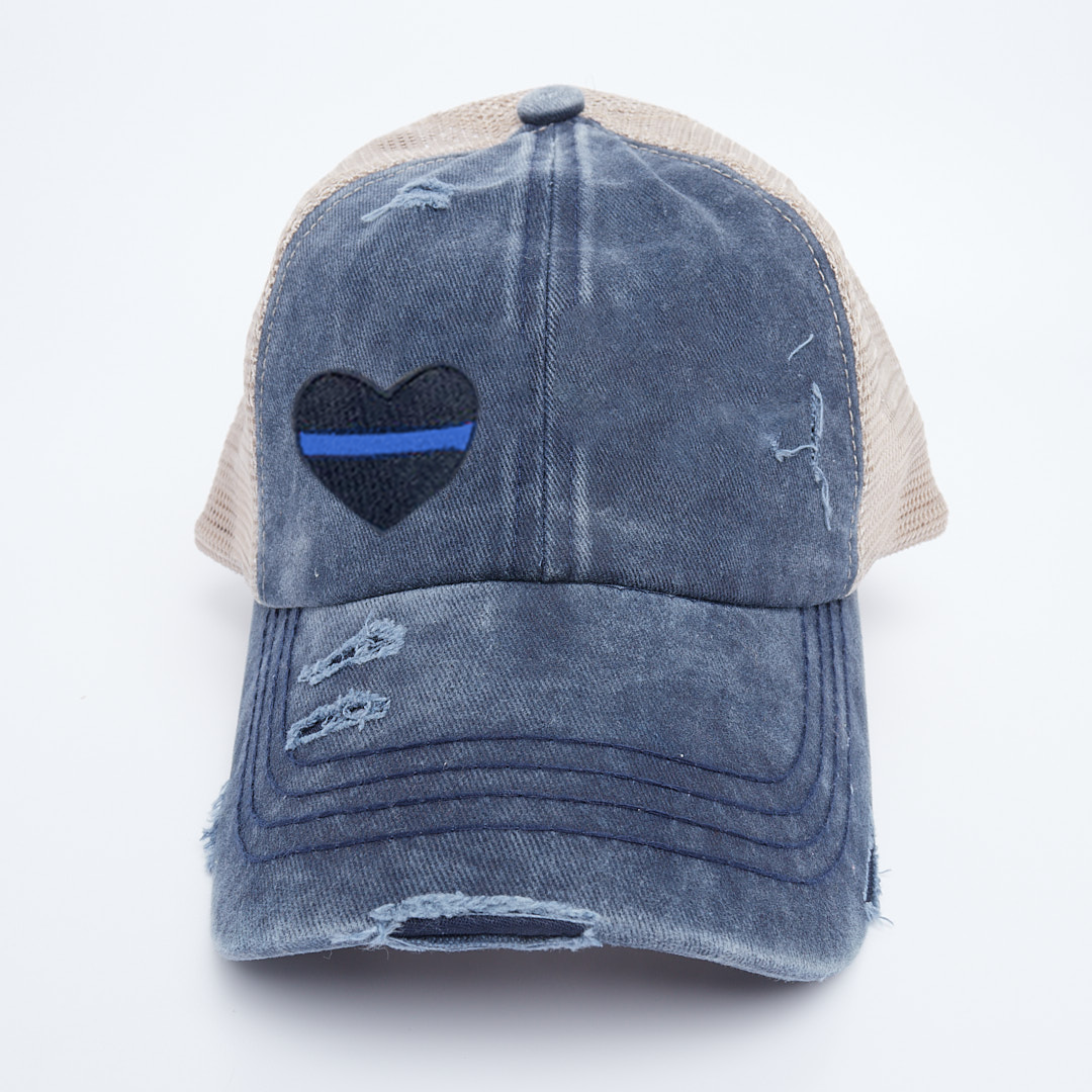 Thin Blue Line Heart Washed Denim Criss Cross High Pony Ball Cap