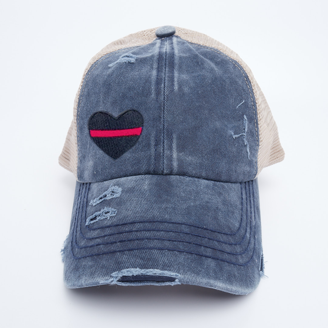 Thin Red Line Heart Washed Denim Criss Cross High Pony Ball Cap