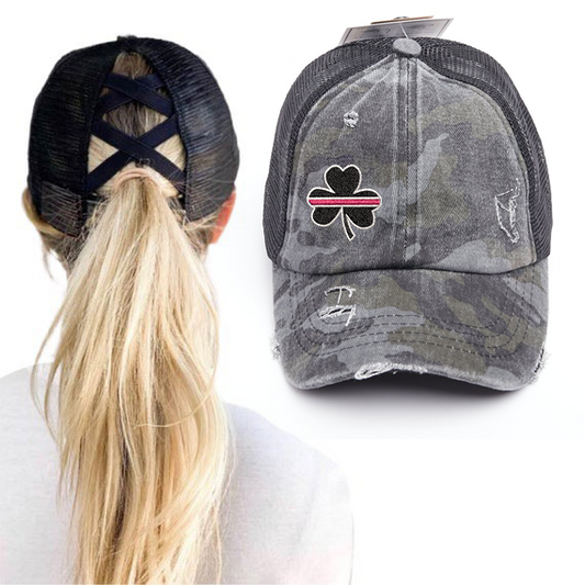 Thin Red Line Clover Washed Denim Criss Cross High Pony Ball Cap