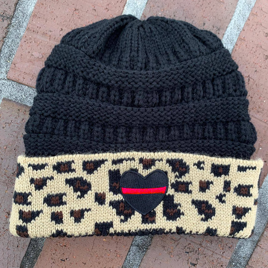 Thin Red Line Heart Black Knitted Leopard Beanie