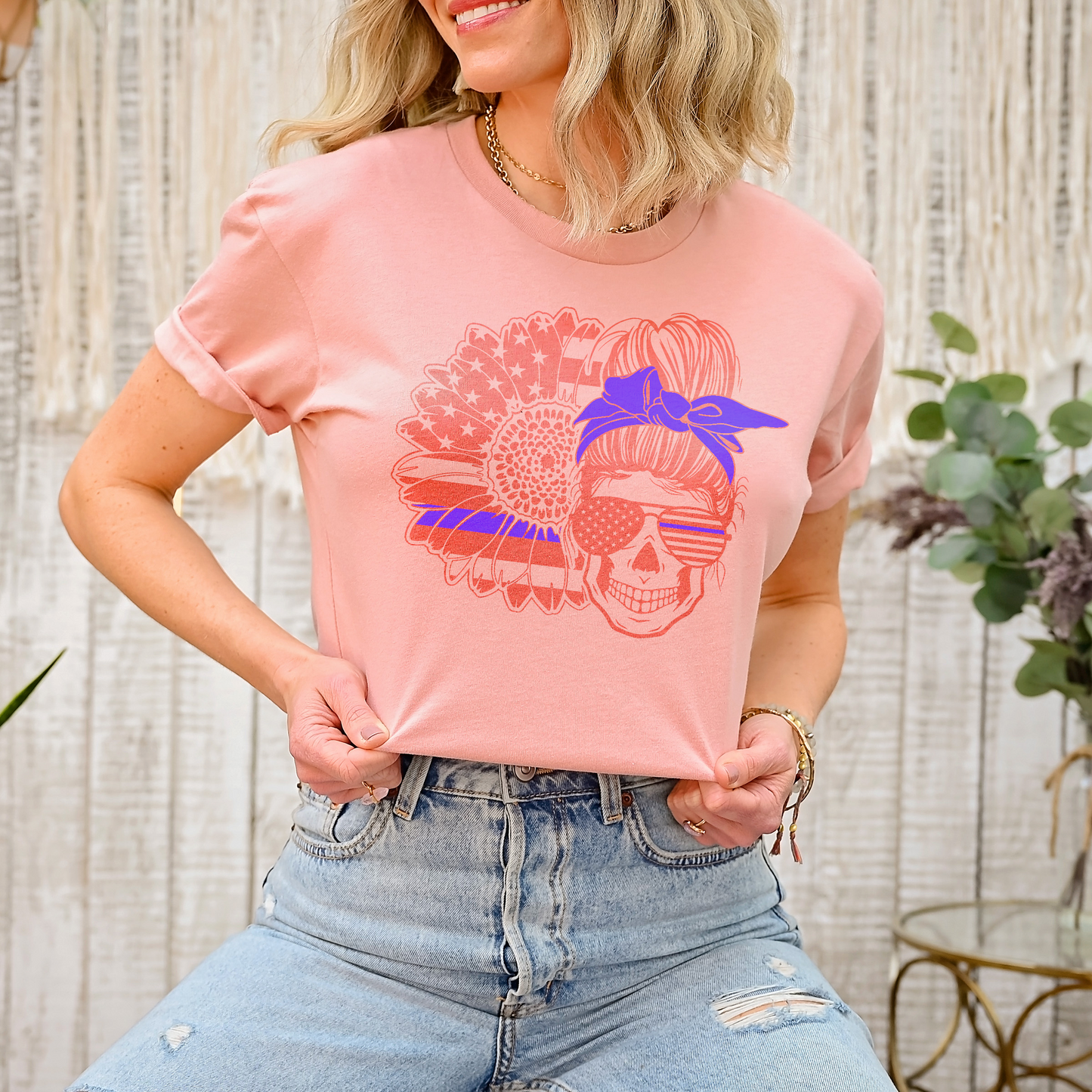 Pink American Sunflower Messy Bun Blue Line T-Shirt
