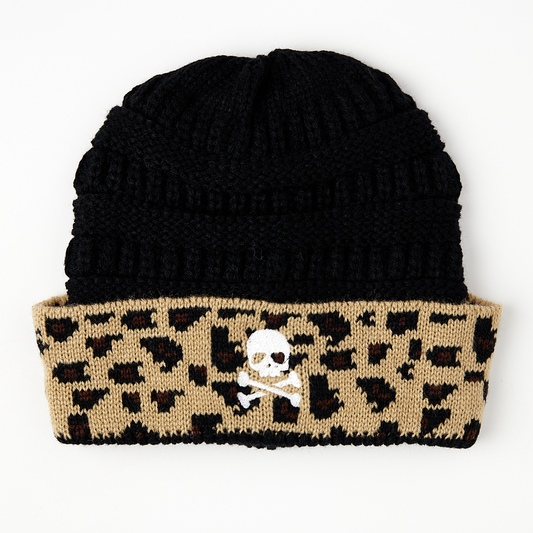 Skull & Crossbones Black Knitted Leopard Beanie