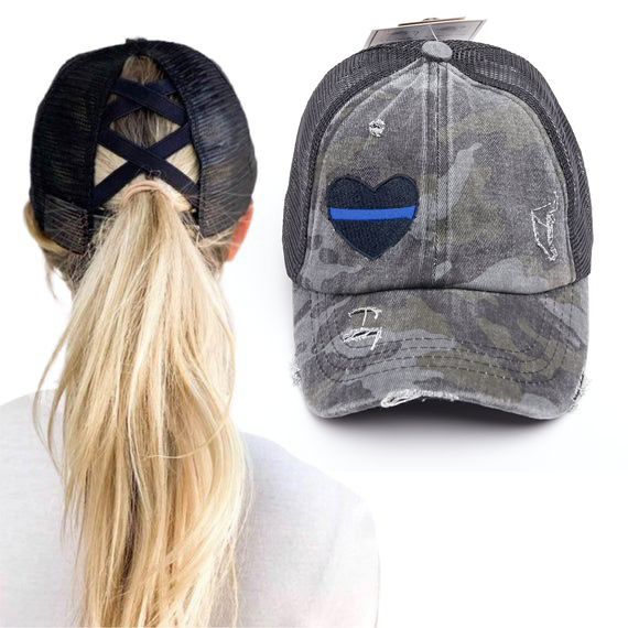 Thin Blue Line Heart Washed Denim Criss Cross High Pony Ball Cap