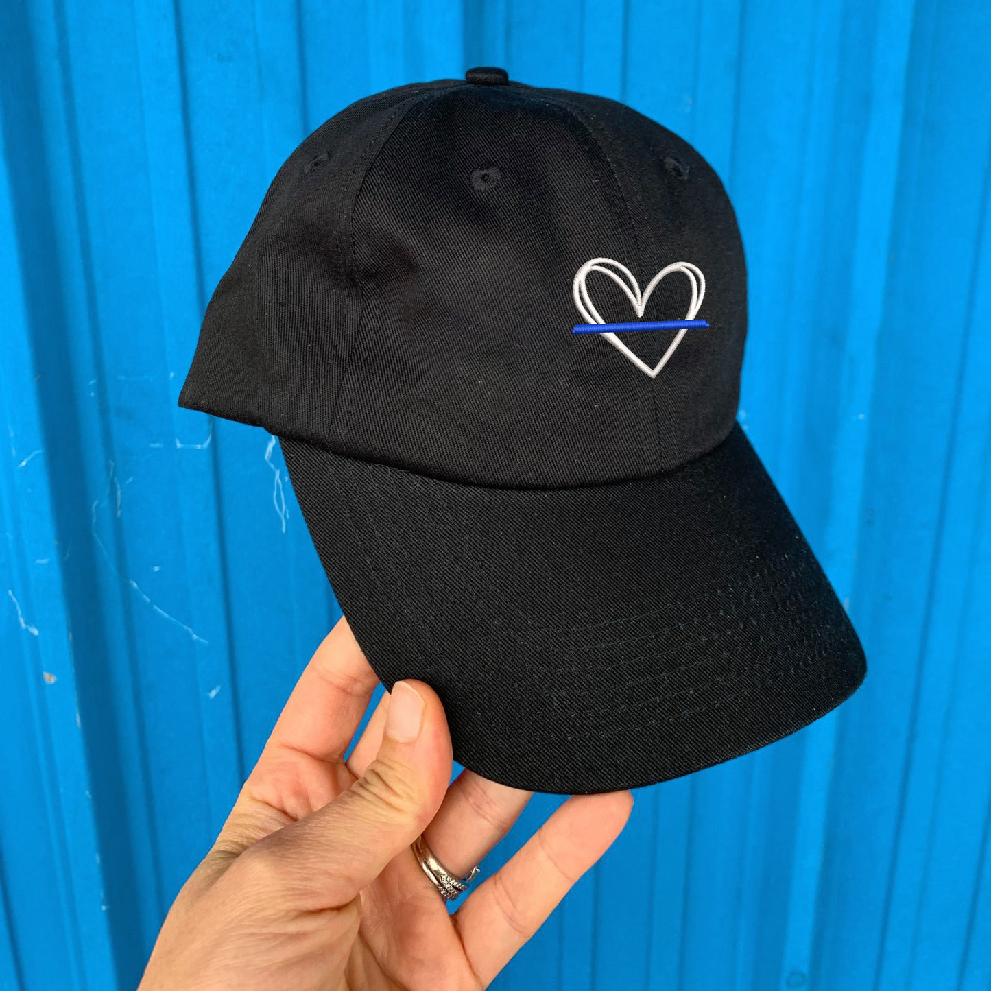 Thin Blue Line Drawn Heart Criss Cross Ponytail Hat - SWC Edition