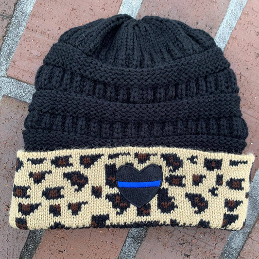 Thin Blue Line Heart Black Knitted Leopard Beanie